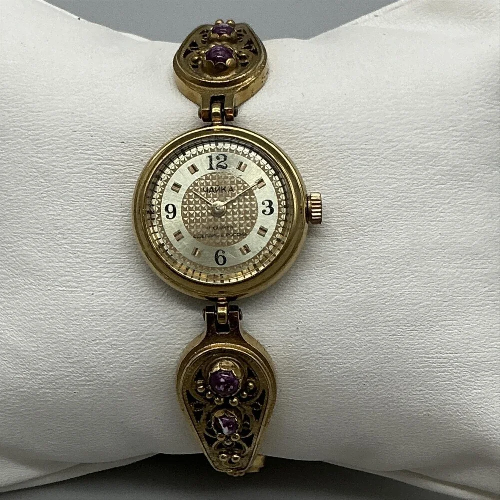 Vintage Chaika Yanka Womens Watch 22mm Filigree Purple Stone Manual Wind 6.25
